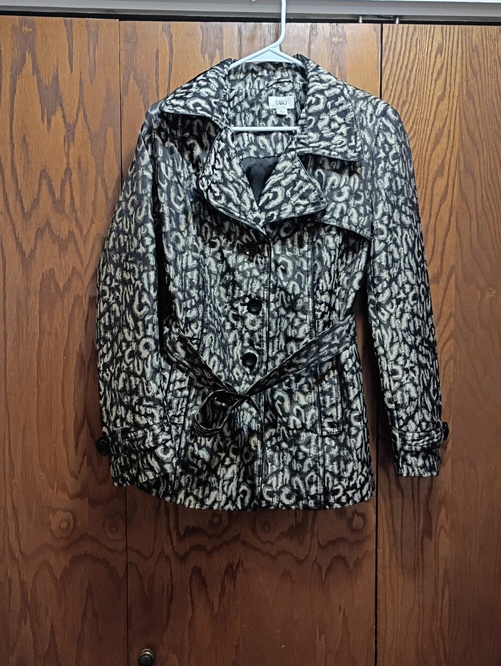 Cato Black and Cream Leopard-Print Trench Coat with Belt
